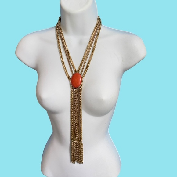 CHARMING CHARLIE Orange & Gold Chain Tassel Necklace - Picture 3 of 7